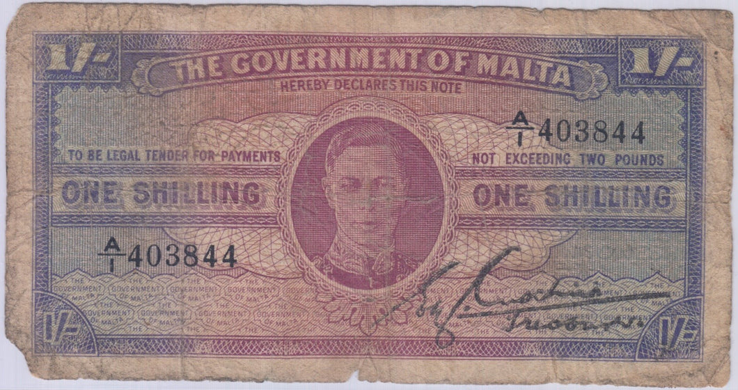 ONE SHILLING GOVERNMENT OF MALTA BANKNOTE REF 1436 - WORLD BANKNOTES - Cambridgeshire Coins
