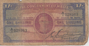 ONE SHILLING GOVERNMENT OF MALTA MALTA BANKNOTE REF 167 - WORLD BANKNOTES - Cambridgeshire Coins