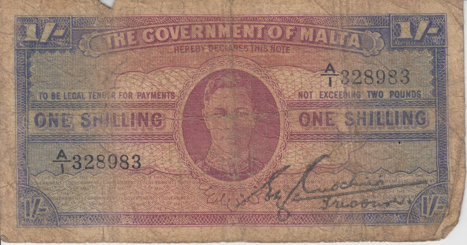 ONE SHILLING GOVERNMENT OF MALTA MALTA BANKNOTE REF 167 - WORLD BANKNOTES - Cambridgeshire Coins