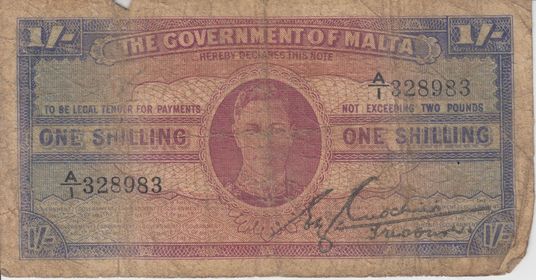 ONE SHILLING GOVERNMENT OF MALTA MALTA BANKNOTE REF 167 - WORLD BANKNOTES - Cambridgeshire Coins