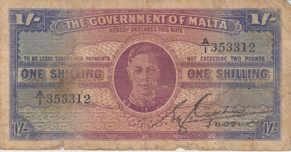 ONE SHILLING GOVERNMENT OF MALTA MALTA BANKNOTE REF 168 - WORLD BANKNOTES - Cambridgeshire Coins