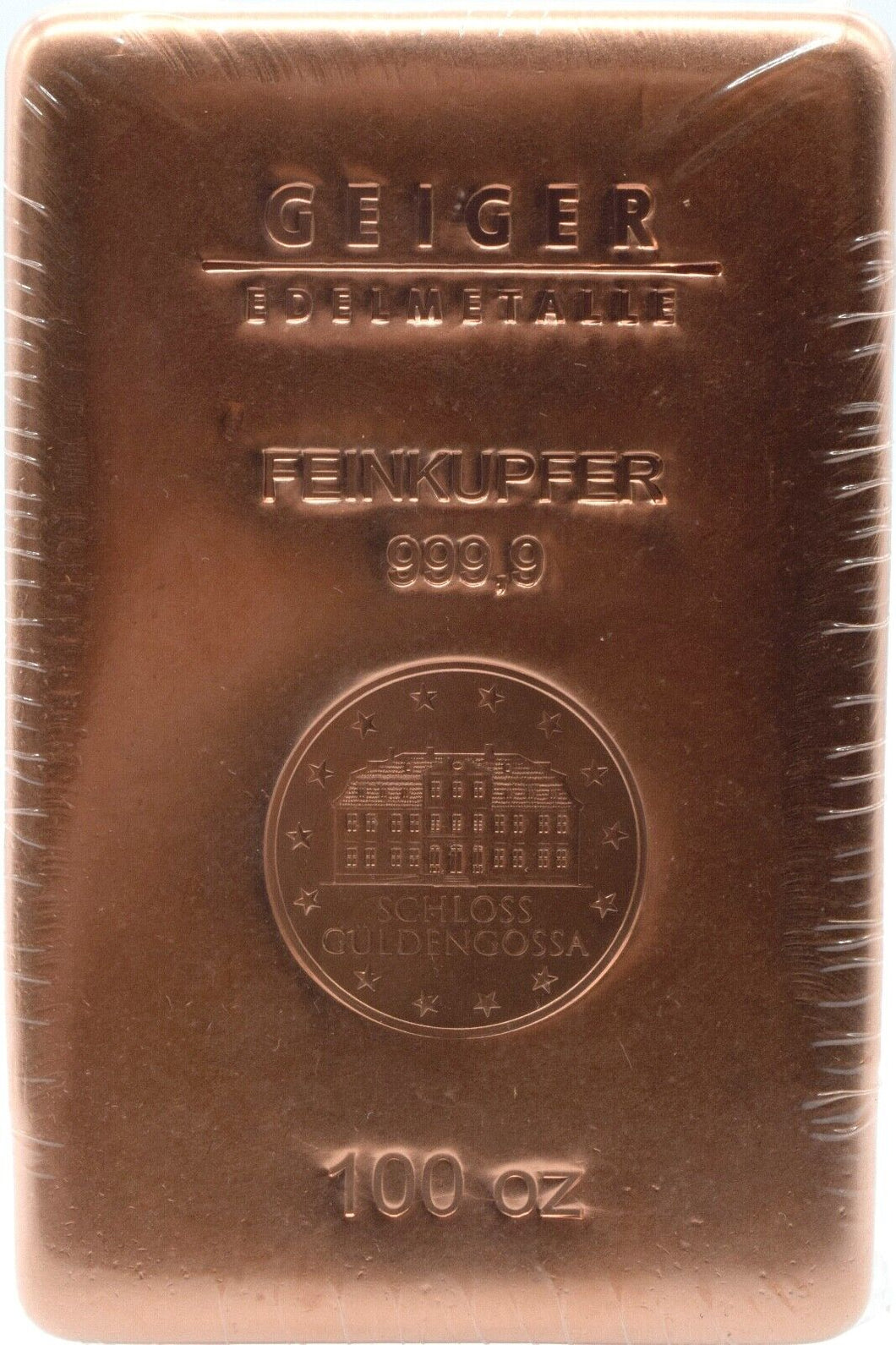 100 OZ FINE COPPER BAR .999 GERMAN GEIGER SCHLOSS GULDENGOSSA BULLION