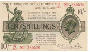 TEN SHILLING BANKNOTE FISHER REF £1-98 - £1 BANKNOTE - Cambridgeshire Coins
