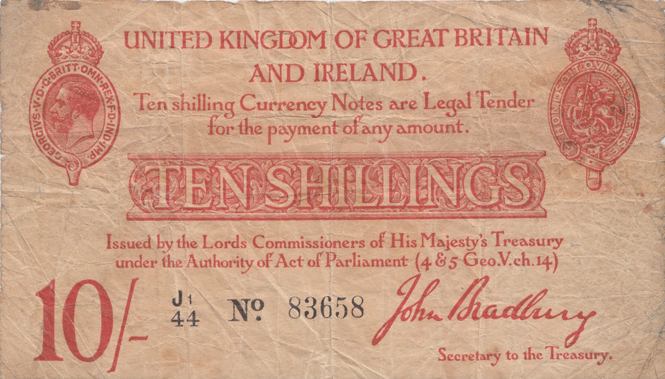 TEN SHILLINGS 1ST ISSUE BANKNOTE BRADBURY REF SHILL-3 - 10 Shillings Banknotes - Cambridgeshire Coins