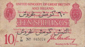 TEN SHILLINGS ARABIC OVERPRINT BANKNOTE BRADBURY REF SHILL-2 - 10 Shillings Banknotes - Cambridgeshire Coins