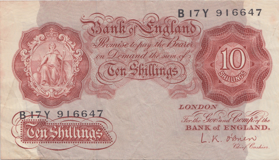 TEN SHILLINGS BANKNOTE O'BRIEN REF SHILL-19 - 10 Shillings Banknotes - Cambridgeshire Coins