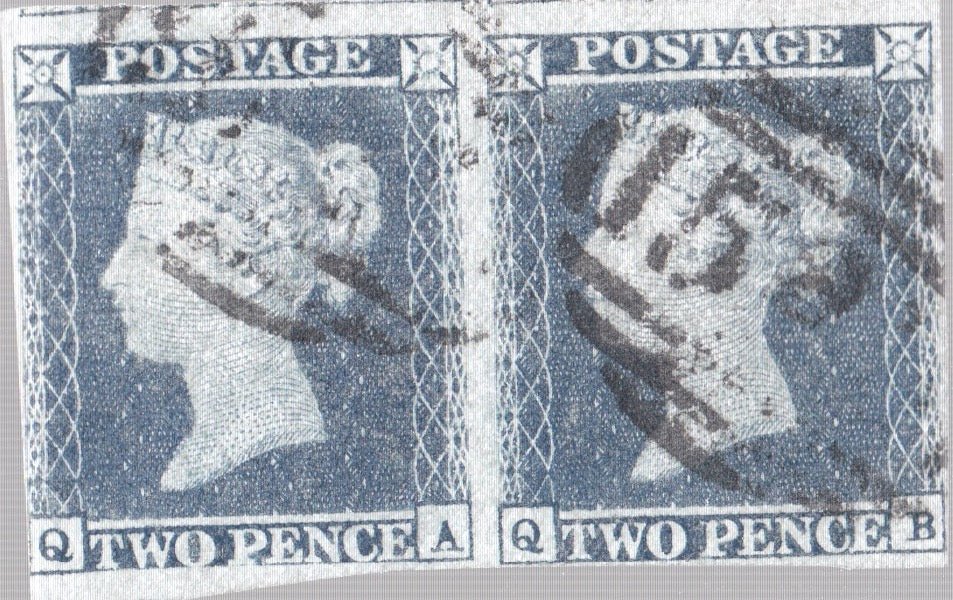 TWO PENCE PAIR BLUE 4 MARGINS STAMP VICTORIAN SG 14 REF 7 - BRITISH STAMPS - Cambridgeshire Coins