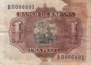 UNA PESETA BANCO DE ESPANA BANKNOTE REF 186 - WORLD BANKNOTES - Cambridgeshire Coins