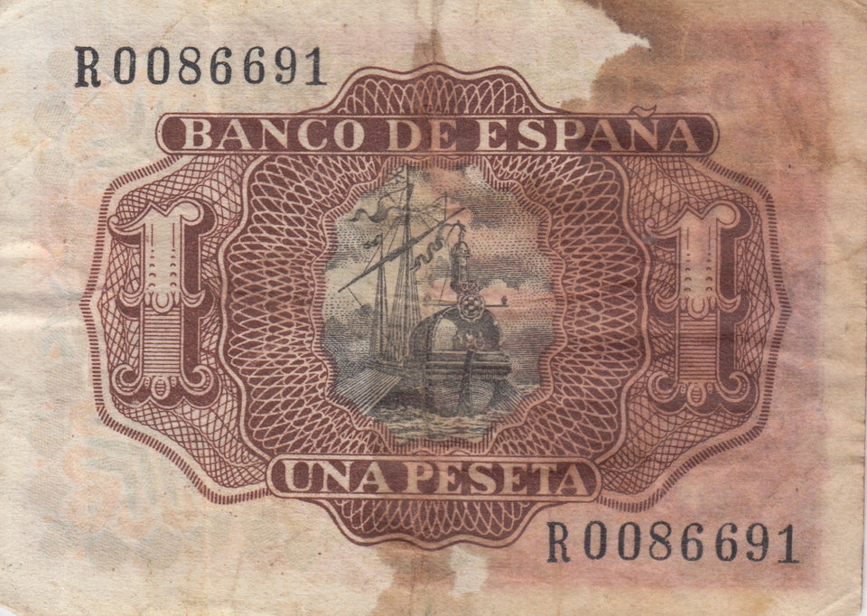 UNA PESETA BANCO DE ESPANA BANKNOTE REF 186 - WORLD BANKNOTES - Cambridgeshire Coins