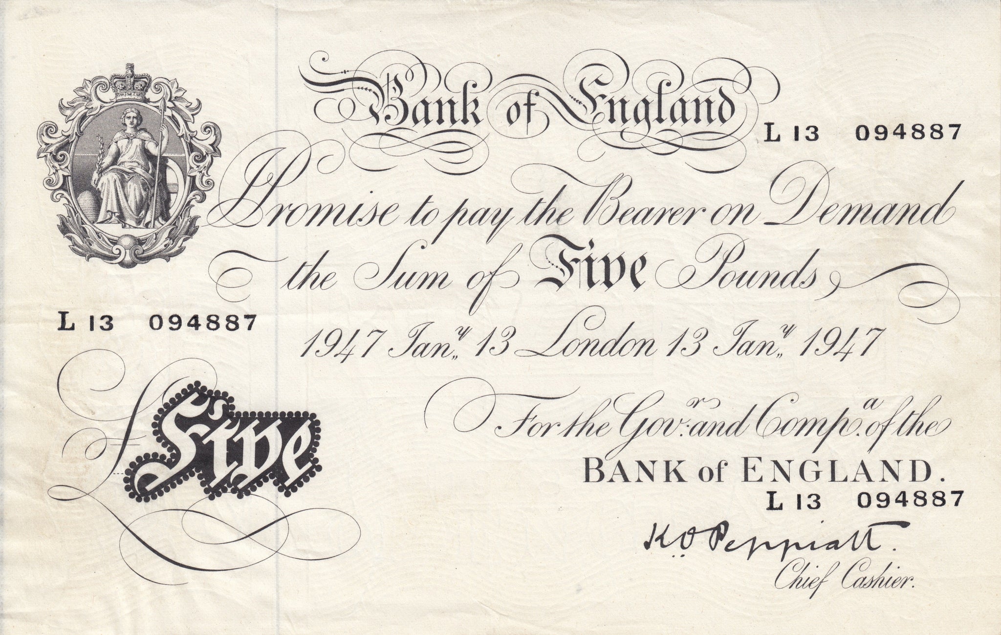 WHITE FIVE POUND 1947 JANUARY 13TH BANKNOTE PEPPIATT REF 5 7 5 WHITE FIVE POUND 1947 JANUARY 13TH BANKNOTE PEPPIATT REF 5 7 5