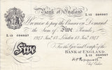 WHITE FIVE POUND 1947 JANUARY 13TH BANKNOTE PEPPIATT REF £5-7 - £5 BANKNOTES WHITE - Cambridgeshire Coins